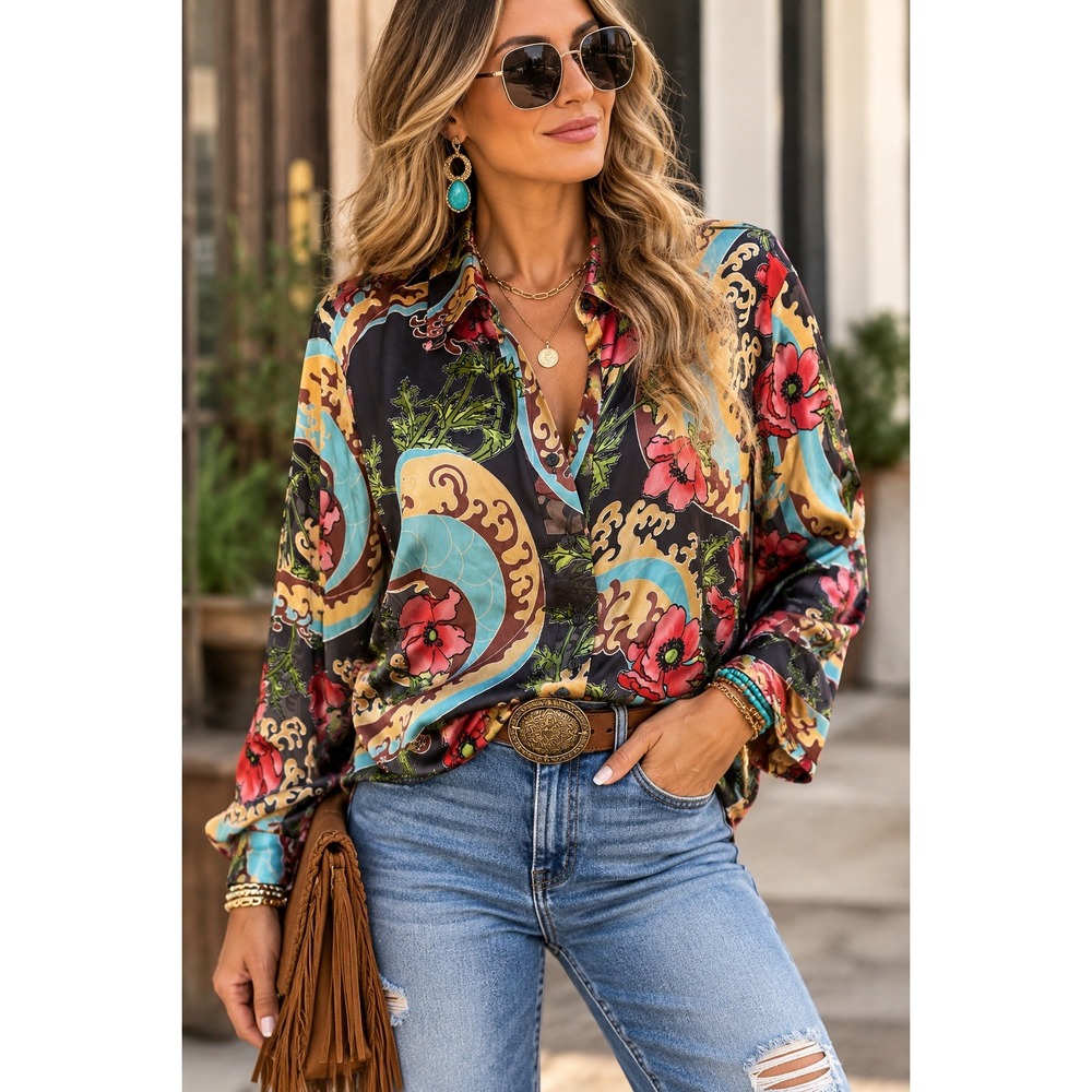 Softwear by Mark Singer Silk Blend Art Print Blouse XL NWT